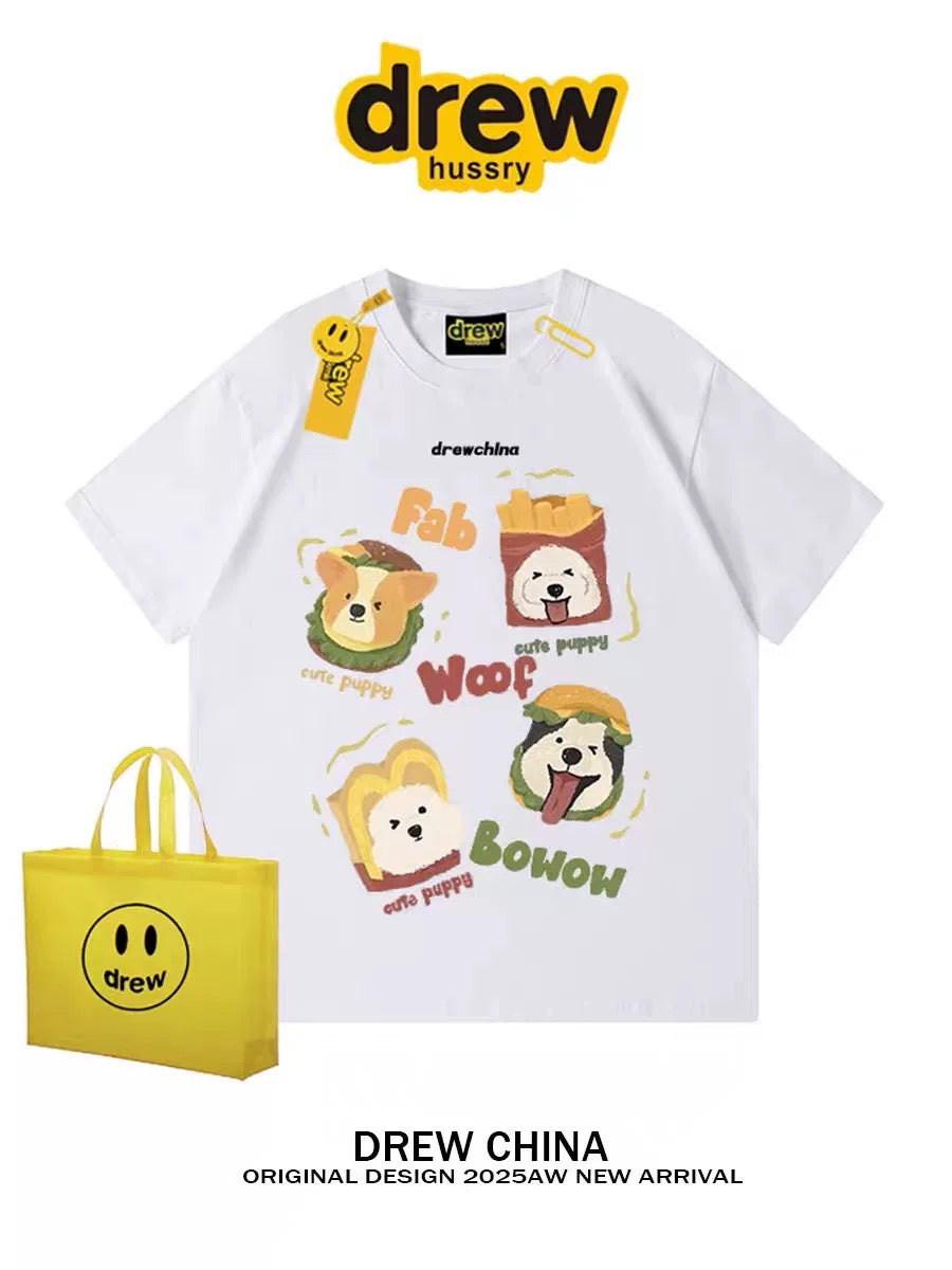drew American retro dog cute print short-sleeved T-shirt men and women trendy brand casual loose couple wear half-sleeved tee