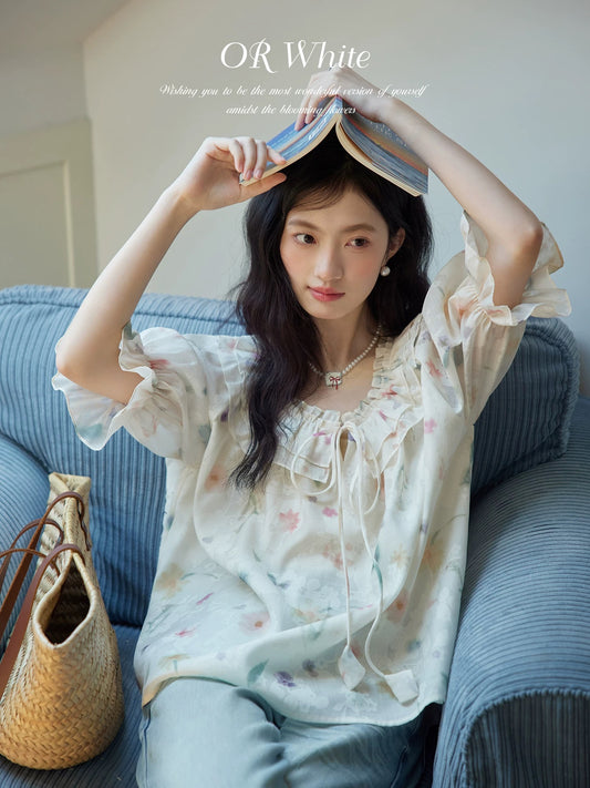 ORWhite French retro floral shirt women's summer silk ruffle lace-up five-point sleeve thin sun protection top