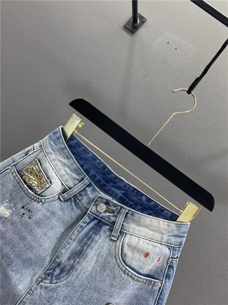 Women's 2026 Summer Graffiti Distressed Denim Skirt, Loose Fit, Slimming A-line Bodycon Mini Skirt