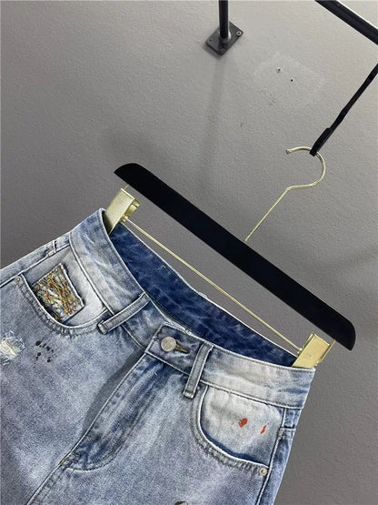 Women's 2026 Summer Graffiti Distressed Denim Skirt, Loose Fit, Slimming A-line Bodycon Mini Skirt