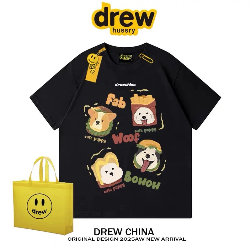 drew American retro dog cute print short-sleeved T-shirt men and women trendy brand casual loose couple wear half-sleeved tee