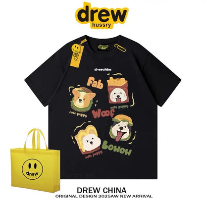 drew American retro dog cute print short-sleeved T-shirt men and women trendy brand casual loose couple wear half-sleeved tee