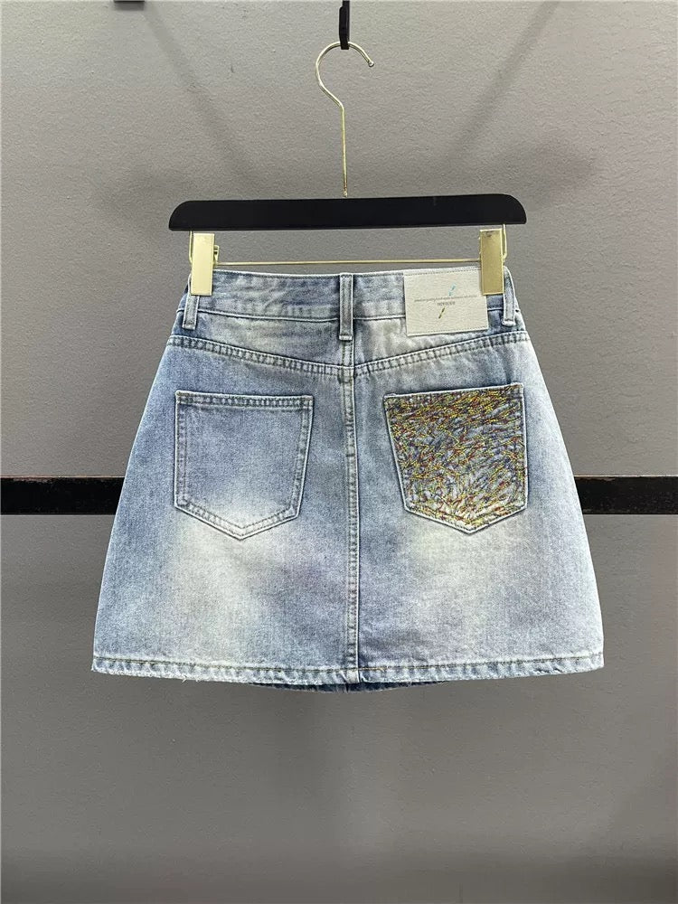 Women's 2026 Summer Graffiti Distressed Denim Skirt, Loose Fit, Slimming A-line Bodycon Mini Skirt