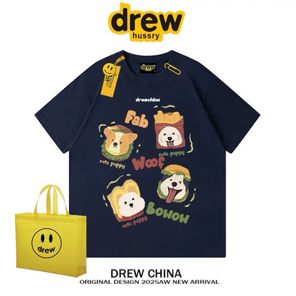 drew American retro dog cute print short-sleeved T-shirt men and women trendy brand casual loose couple wear half-sleeved tee