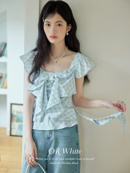 ORWhite French retro plaid shirt for women in summer with flying sleeves design and Tencel cloud-feel fabric with V-neck short sleeves