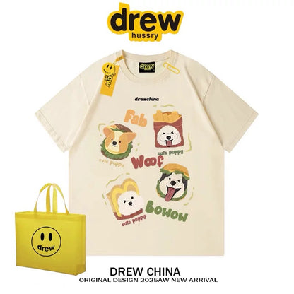 drew American retro dog cute print short-sleeved T-shirt men and women trendy brand casual loose couple wear half-sleeved tee