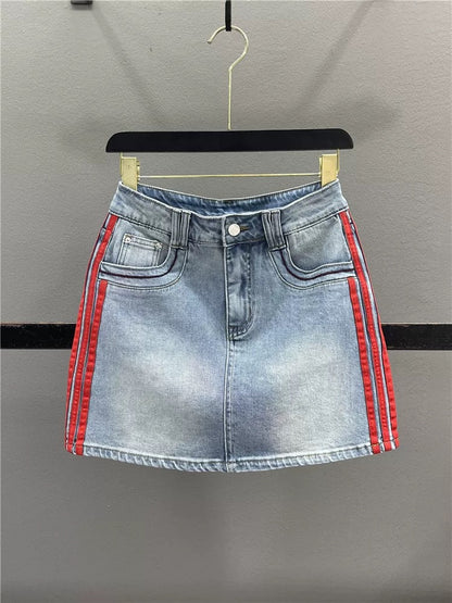 American retro side striped denim midi skirt for women, 2026 summer, stretchy, slimming, sexy A-line bodycon mini skirt.