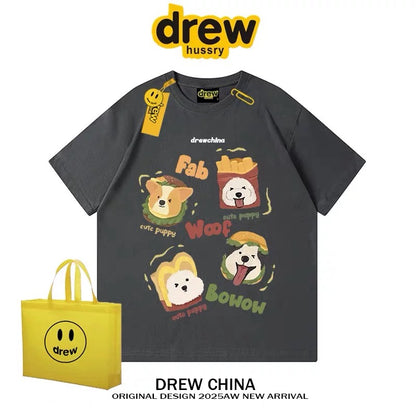 drew American retro dog cute print short-sleeved T-shirt men and women trendy brand casual loose couple wear half-sleeved tee