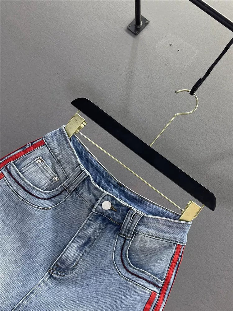 American retro side striped denim midi skirt for women, 2026 summer, stretchy, slimming, sexy A-line bodycon mini skirt.