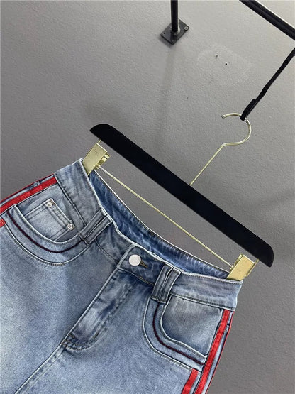American retro side striped denim midi skirt for women, 2026 summer, stretchy, slimming, sexy A-line bodycon mini skirt.