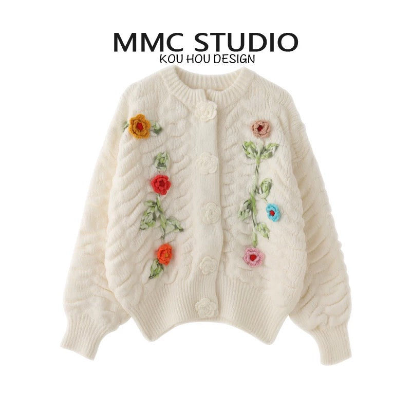 MMC 24 Autumn and Winter New Retro Japanese Heavy Industry Handmade Crochet Three-dimensional Flower Embroidery Knitted Cardigan Jacket Sweater