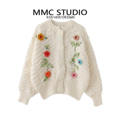 MMC 24 Autumn and Winter New Retro Japanese Heavy Industry Handmade Crochet Three-dimensional Flower Embroidery Knitted Cardigan Jacket Sweater