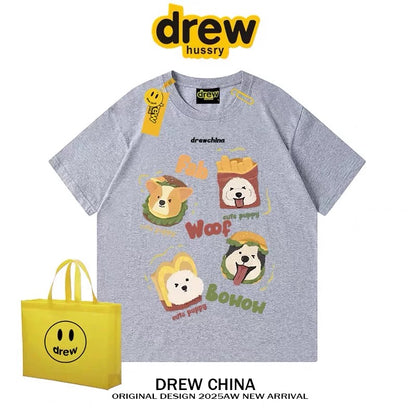 drew American retro dog cute print short-sleeved T-shirt men and women trendy brand casual loose couple wear half-sleeved tee