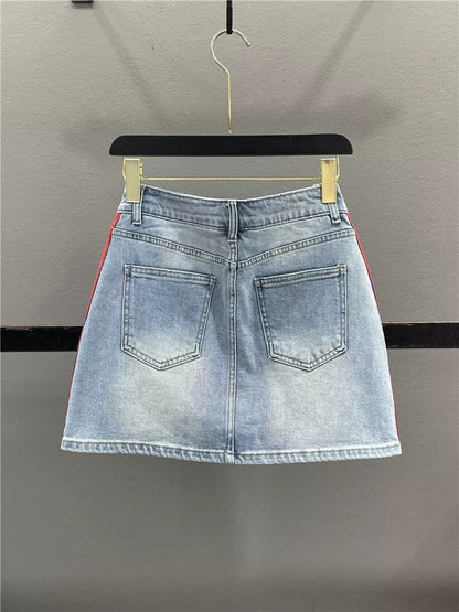 American retro side striped denim midi skirt for women, 2026 summer, stretchy, slimming, sexy A-line bodycon mini skirt.