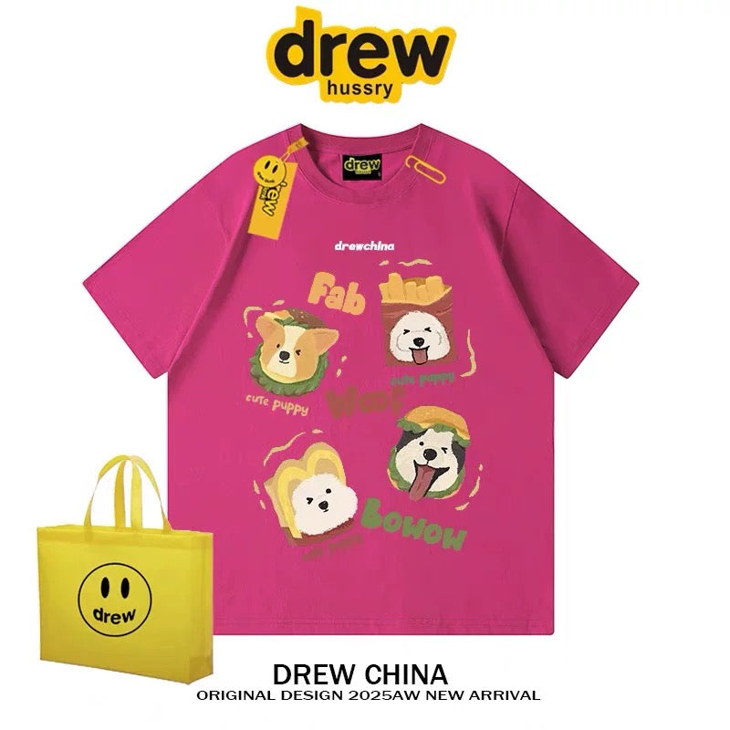 drew American retro dog cute print short-sleeved T-shirt men and women trendy brand casual loose couple wear half-sleeved tee