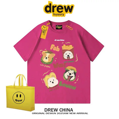 drew American retro dog cute print short-sleeved T-shirt men and women trendy brand casual loose couple wear half-sleeved tee