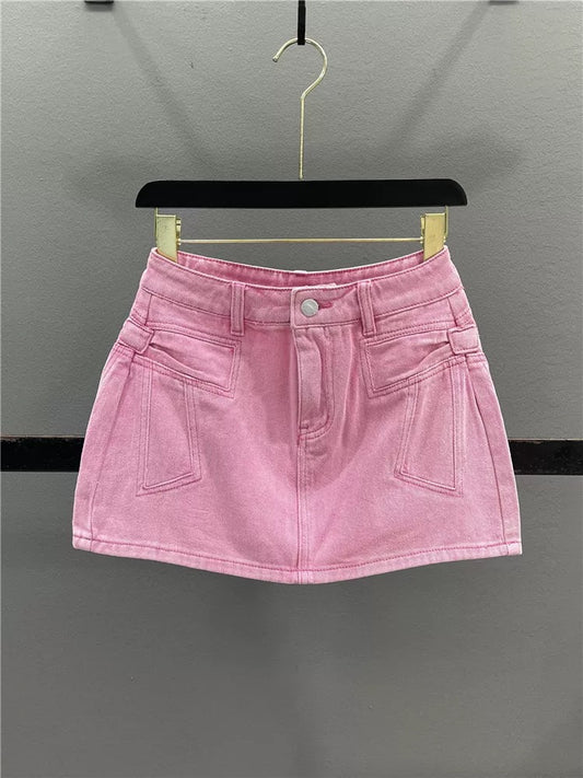 Pink bow-tie denim midi skirt for women, 2026 summer new style, loose fit, slimming A-line bodycon mini skirt.