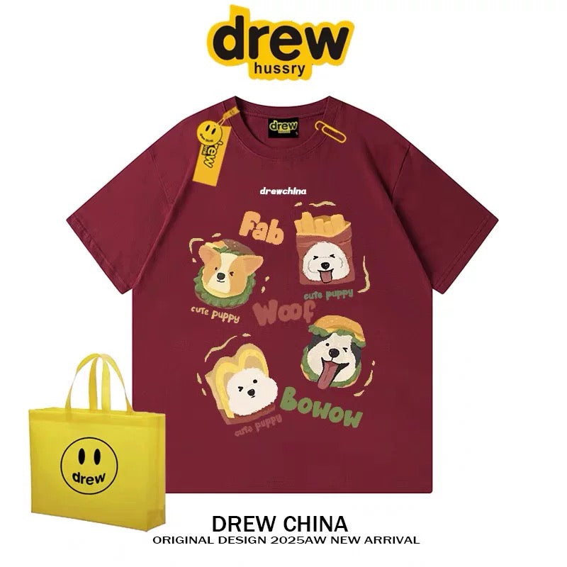 drew American retro dog cute print short-sleeved T-shirt men and women trendy brand casual loose couple wear half-sleeved tee