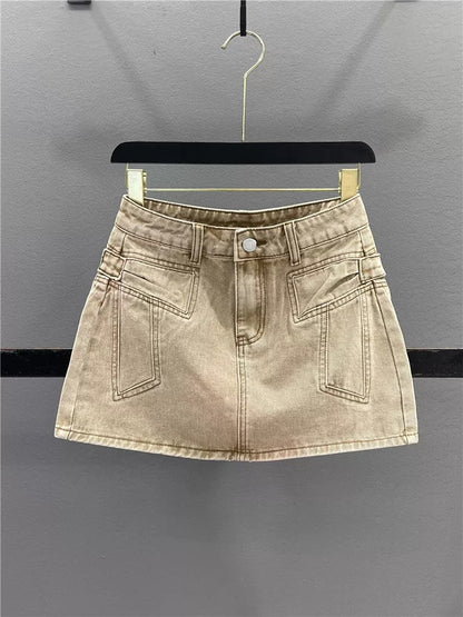 Pink bow-tie denim midi skirt for women, 2026 summer new style, loose fit, slimming A-line bodycon mini skirt.