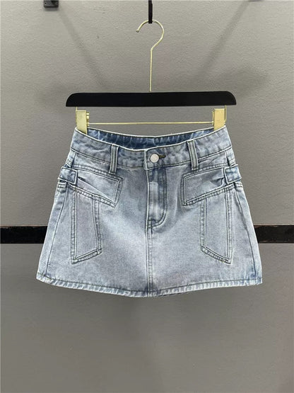 Pink bow-tie denim midi skirt for women, 2026 summer new style, loose fit, slimming A-line bodycon mini skirt.