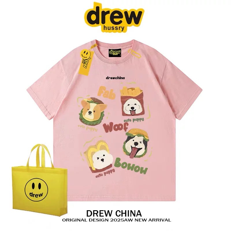 drew American retro dog cute print short-sleeved T-shirt men and women trendy brand casual loose couple wear half-sleeved tee