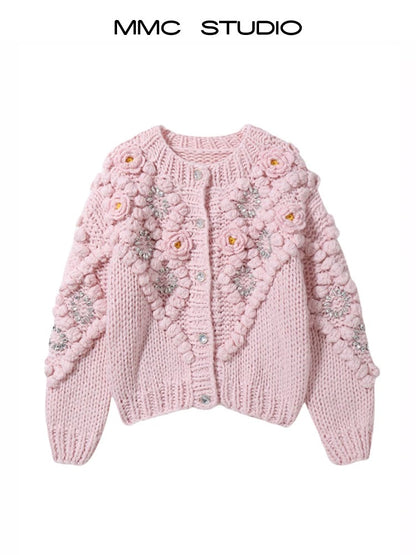 MMC loose retro age-reducing heavy industry hand-knitted thick stick needle sequin flower crochet knitted cardigan sweater thick