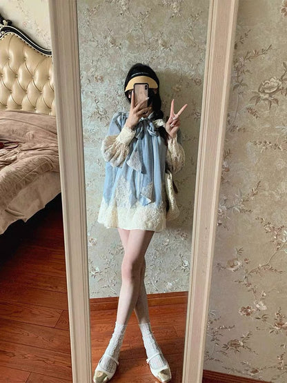 French heavy industry lace splicing dress for women 2024 spring and summer new design waist chic shirt short skirt