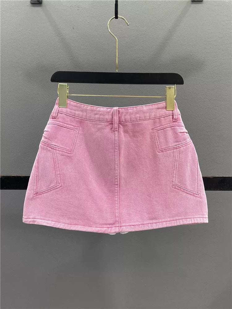 Pink bow-tie denim midi skirt for women, 2026 summer new style, loose fit, slimming A-line bodycon mini skirt.
