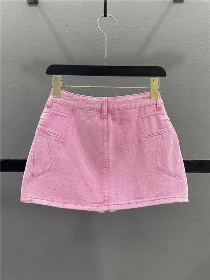 Pink bow-tie denim midi skirt for women, 2026 summer new style, loose fit, slimming A-line bodycon mini skirt.
