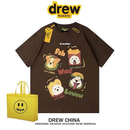 drew American retro dog cute print short-sleeved T-shirt men and women trendy brand casual loose couple wear half-sleeved tee