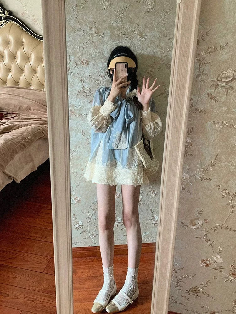 French heavy industry lace splicing dress for women 2024 spring and summer new design waist chic shirt short skirt