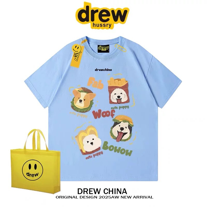 drew American retro dog cute print short-sleeved T-shirt men and women trendy brand casual loose couple wear half-sleeved tee