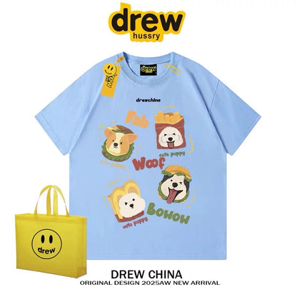 drew American retro dog cute print short-sleeved T-shirt men and women trendy brand casual loose couple wear half-sleeved tee
