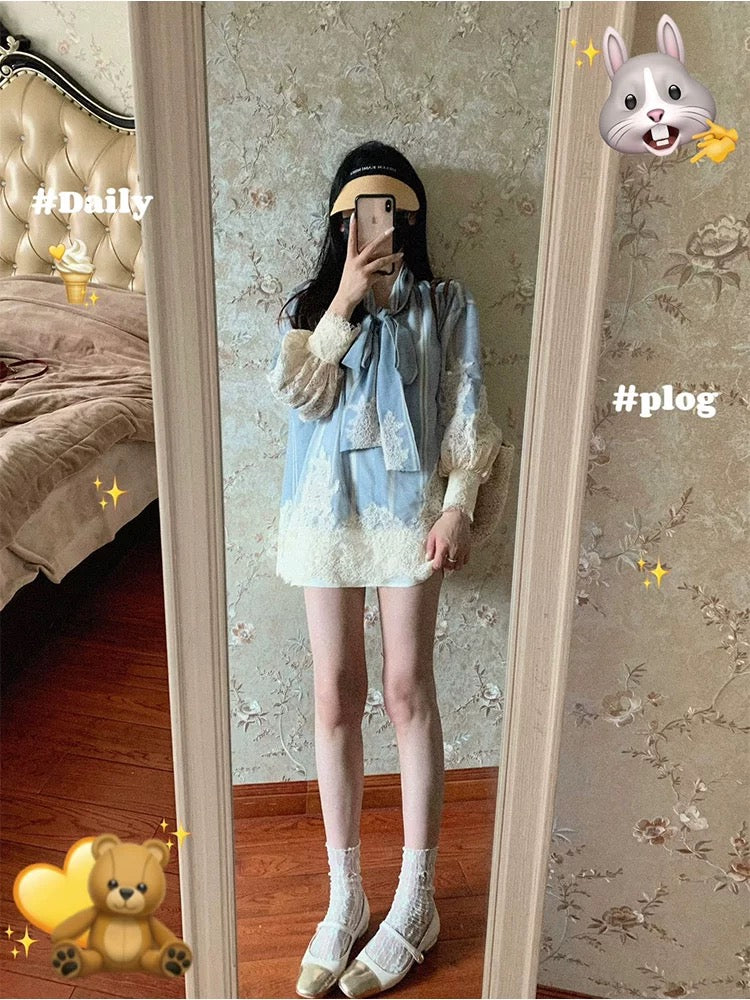 French heavy industry lace splicing dress for women 2024 spring and summer new design waist chic shirt short skirt