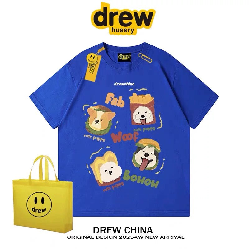drew American retro dog cute print short-sleeved T-shirt men and women trendy brand casual loose couple wear half-sleeved tee