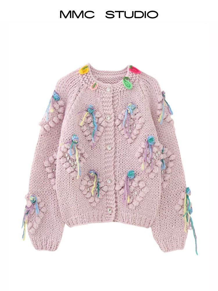 Sweet temperament and age-reducing heavy industry hand-knitted pink stick needle three-dimensional ball tassel knitted cardigan sweater thickened for women