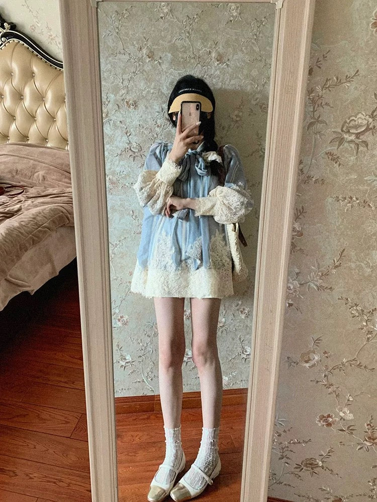 French heavy industry lace splicing dress for women 2024 spring and summer new design waist chic shirt short skirt