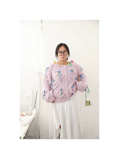Sweet temperament and age-reducing heavy industry hand-knitted pink stick needle three-dimensional ball tassel knitted cardigan sweater thickened for women
