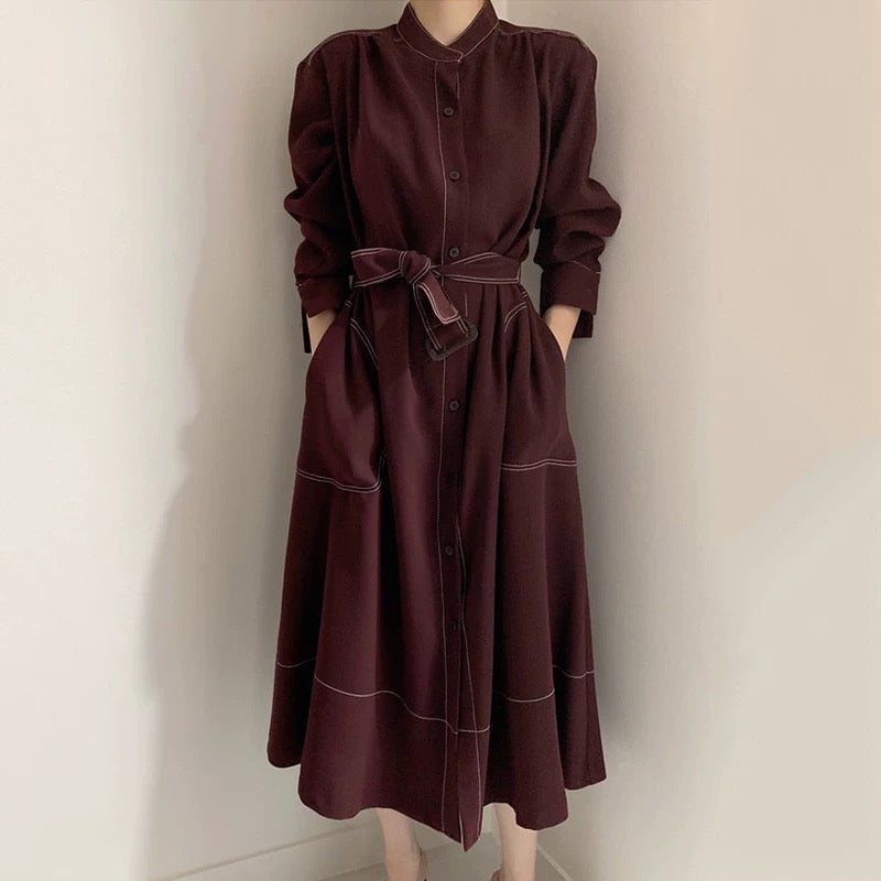 Korean chic minimalist elegant stand-up collar topstitched single-breasted loose strappy windbreaker dress long skirt
