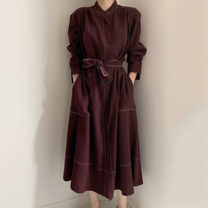 Korean chic minimalist elegant stand-up collar topstitched single-breasted loose strappy windbreaker dress long skirt