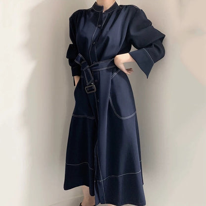 Korean chic minimalist elegant stand-up collar topstitched single-breasted loose strappy windbreaker dress long skirt
