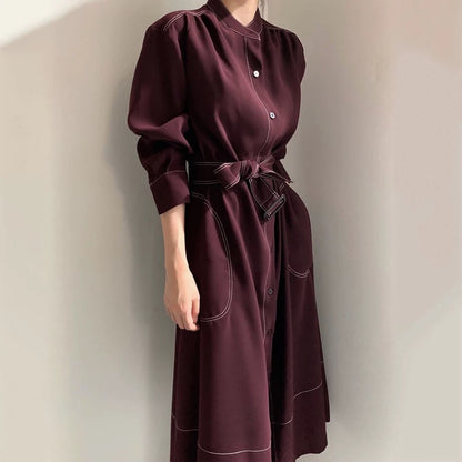 Korean chic minimalist elegant stand-up collar topstitched single-breasted loose strappy windbreaker dress long skirt