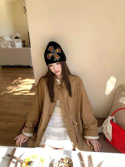 aaaaxbbb Chestnut Pancake Brown and Green Loose Windbreaker Jacket Women's Small Versatile Lapel Top Autumn