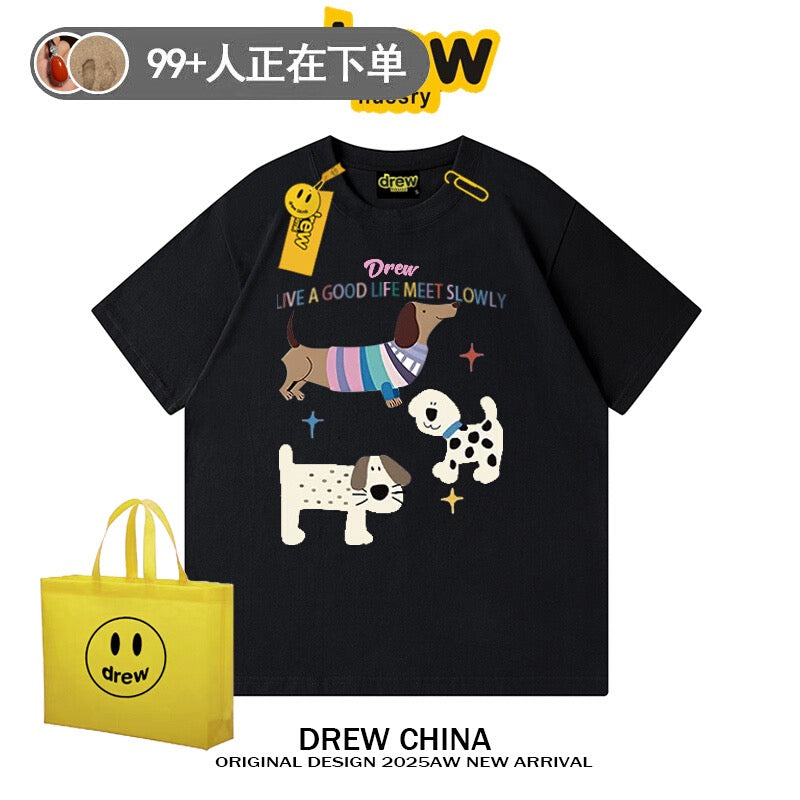 drew American trendy dog retro print short-sleeved T-shirt men and women casual simple couple wear pure cotton top tee