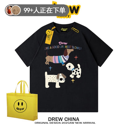 drew American trendy dog retro print short-sleeved T-shirt men and women casual simple couple wear pure cotton top tee