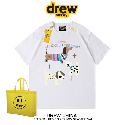 drew American trendy dog retro print short-sleeved T-shirt men and women casual simple couple wear pure cotton top tee