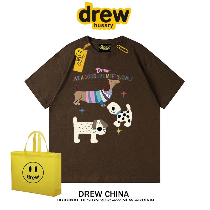 drew American trendy dog retro print short-sleeved T-shirt men and women casual simple couple wear pure cotton top tee