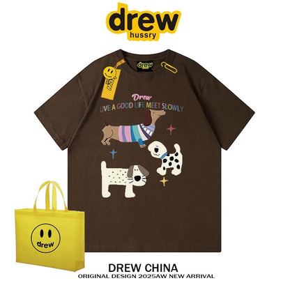 drew American trendy dog retro print short-sleeved T-shirt men and women casual simple couple wear pure cotton top tee
