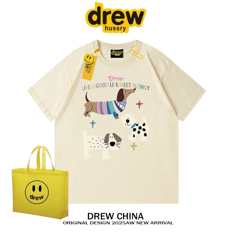 drew American trendy dog retro print short-sleeved T-shirt men and women casual simple couple wear pure cotton top tee