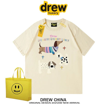 drew American trendy dog retro print short-sleeved T-shirt men and women casual simple couple wear pure cotton top tee